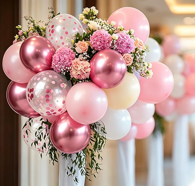 Metallic Pink Hot Pink Balloons and Pink Confetti Balloon, 60 Pcs 12 Inch Latex Confetti Metallic Balloons with 1 Ribbon, for Birthday Wedding Bridal Shower Party Decorations