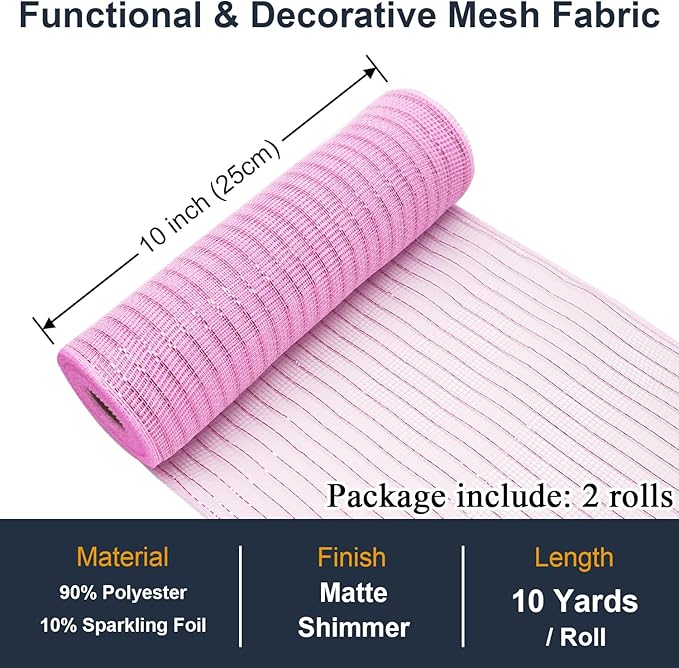 2 Pcs Pink Deco Mesh Ribbon Rolls 10 Inch 10 Yards(30 ft) Decorative Mesh Fabric with Foil for Wreaths Christmas Tree Ribbon Door DIY Craft Halloween Decor Wedding Party Supplies (Pink, 2Pcs)