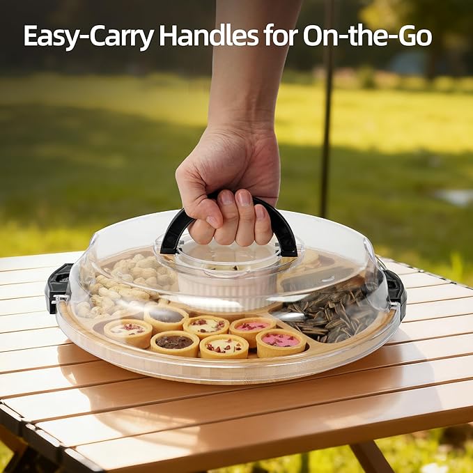 WILLKOMMEN Charcuterie Board with Lid- 6 Section Round Serving Tray with Carry Handle & Locking Lid, Portable Bamboo Serving Platter, Food Trays for Party Picnic Cheese Snack