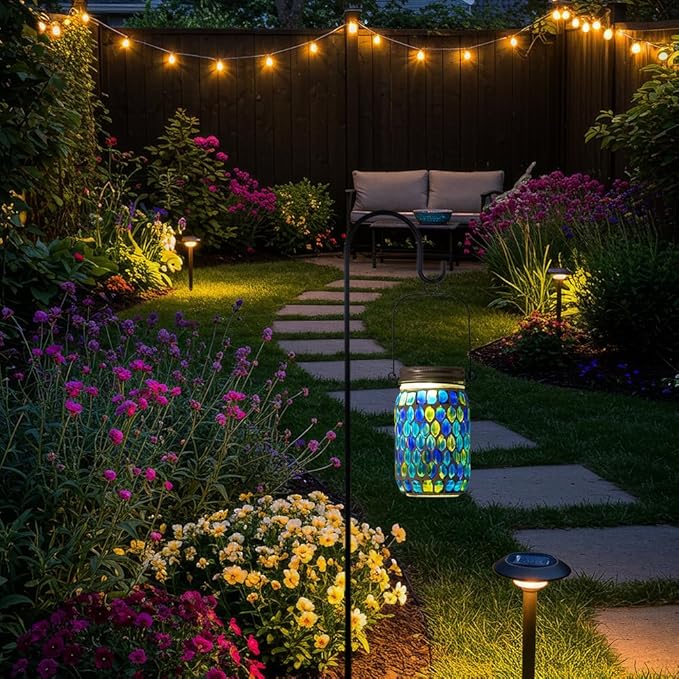 Starsoul 4 Pack Solar Lanterns Outdoor Waterproof, Decorative Teal Mosaic Glass Outdoor Lantern, Hanging Solar Garden Lights for Outside Pathway Patio Porch Yard Table, Gifts for Women Mom Grandma