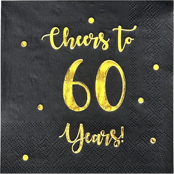 Cheers to 60 Years Cocktail Napkins | Happy 60th Birthday Decorations for Men and Women and Wedding Anniversary Party Decorations | 50-Pack 3-Ply Napkins | 5 x 5 inch folded (Black)