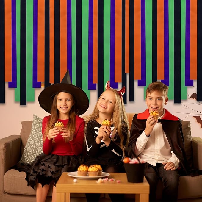 PIGETALE Crepe Paper Streamers 8 Rolls 656ft Orange Purple Black Green Tassels Streamer Paper for Halloween Theme Party Birthday Decorations Decor Indoor Home Horror Party Hanging Backdrops Supplies