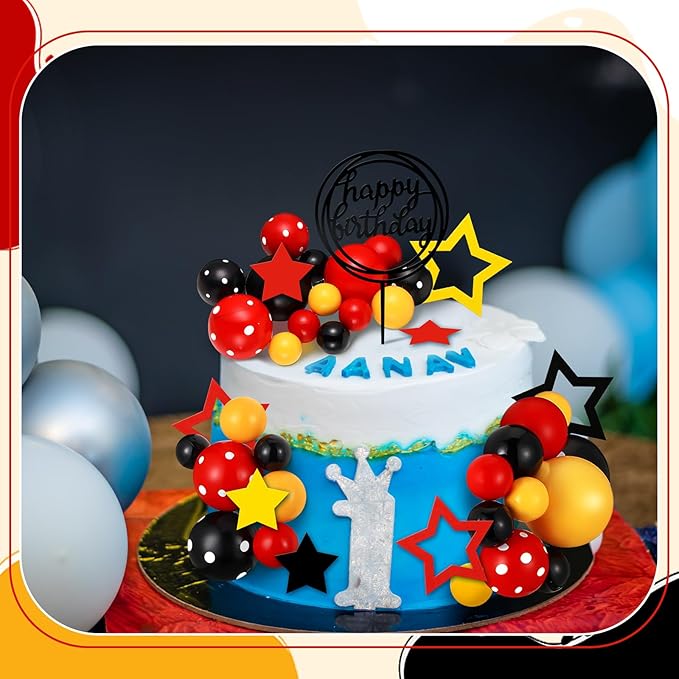 57 Pcs Black Red Yellow Ball Star Cake Topper Set Cartoon Cake Decorations with Flag DIY Insert Topper for One Two Years Happy Birthday Decorations Baby Shower Party Supplies(Happy Birthday)