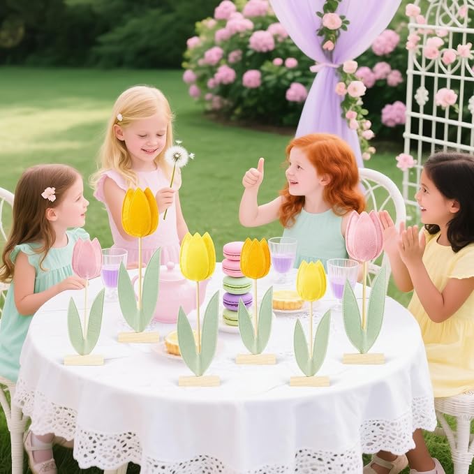 SUNBEAUTY 6Pcs Spring Tulips Flower Table Decoration Tulip Felt Centerpiece Pink Yellow Orange Tulips Mothers Day Table Decorations Tabletop Signs for Easter Garden Home Party Mothers Day Decor