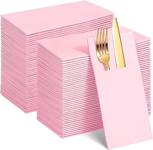 120 Pcs Pink Linen-Feel Paper Napkins with Built-in Flatware Pocket, Pocket Linen Napkin Prefolded Cloth Like Paper Napkins Bulk for Girls Birthday Baby Bridal Shower Tea Party Wedding