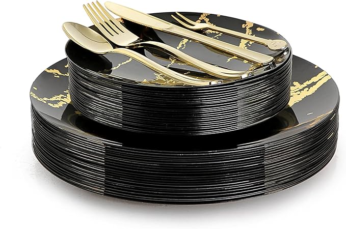 N9R 225pcs Black Gold Plastic Plates, Disposable Dinnerware Set Include 25 Dinner Plates, 25 Dessert Plate, 25 Plastic Silverware, 25 Mini Forks, Gold Cups, Napkins and Table Cards Halloween