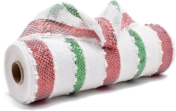 3 Rolls Snowball Red White Green Stripe Deco Mesh Ribbon for Wreath Making Supplies, 10 Inch x 30FT Metallic Foil Burlap Deco Mesh Fabric for DIY Crafts Christmas Tree Wreath Swags