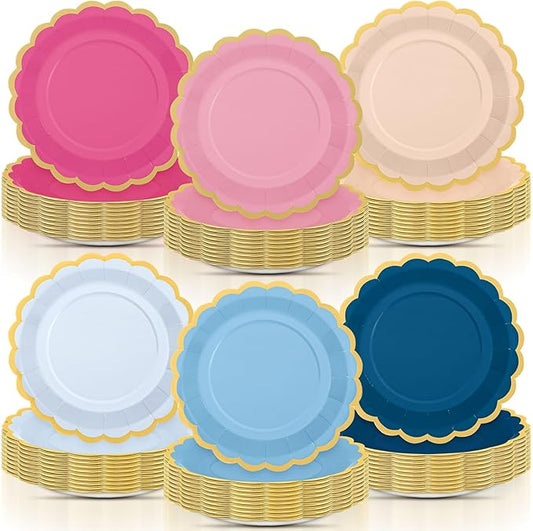 96 Pcs Pink Rose Navy Blue Paper Plates 9 Inch Gradient Scalloped Paper Plates Disposable Dinner Dessert for Dancing Queen Birthday Wedding Bridal Party Supplies, 6 Colors
