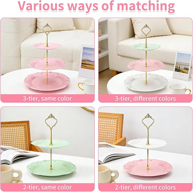 Nexboraque 3 Pack 3 Tier Plastic Cupcake Stand, Dessert Cup Cake Holder Tower Reusable Tiered Serving Tray with Metal Rod Pastry Platter for Wedding, Birthday, Tea Party - White Green Pink