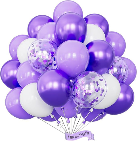 Purple and White Balloons, 12 Inch Mothers Day Balloons, 60 Pcs Pastel Purple Confetti Balloons,Lavender Lilac Balloon for Mother's Day/Birthday/Baby Shower/Graduation/Wedding Decorations