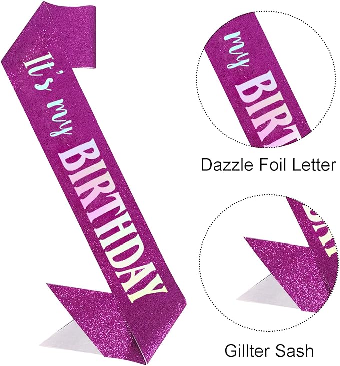 It's My Birthday Sash, Dazzle Foil Letter Glitter Purple Birthday Sash for Women Girl Kids Teenager Funny Bday Gifts Party Favors Photo Prop