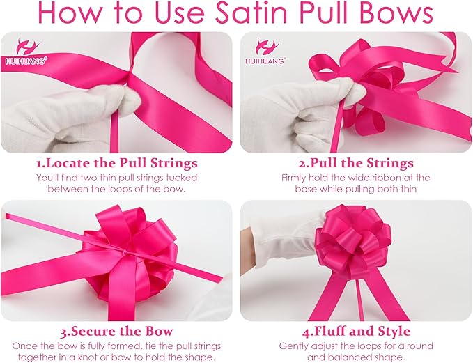 HUIHUANG Hot Pink Bows 12 PCS Fuchsia Pink Satin Pull Bows 4" x 8" Present Bow for Gift Wrapping, Gift Basket, Paper Bag, Wrapping Accessories, Bridal Shower Wedding Christmas Decor