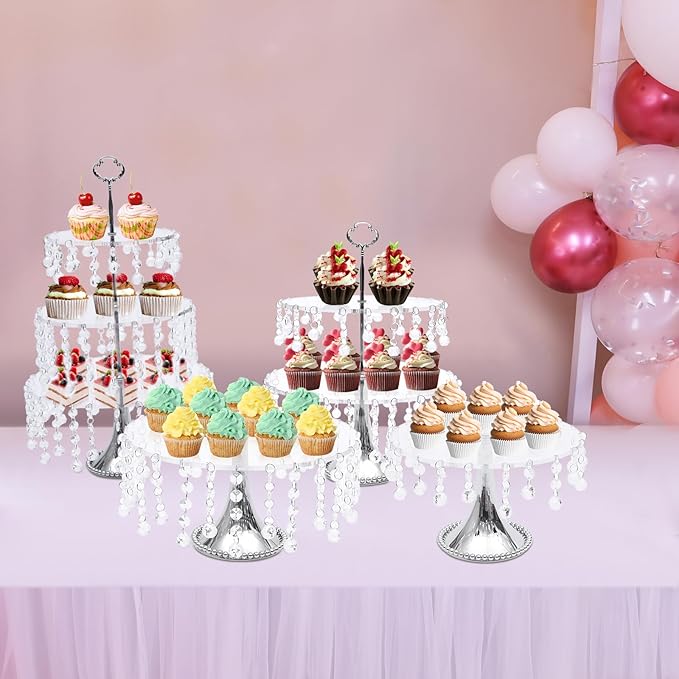 4 PCS Cake Stand Set Silvery Crystal Dessert Table Plate Set,Metal Cupcake Tray Candy Fruit Display Tower for Wedding Afternoon Tea Birthday Party Baby Shower Anniversary