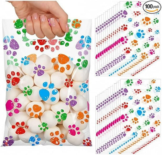 Pasimy 100 Pcs Dog Paw Gift Bags Bulk Pet Paw Puppy Plastic Treat Favor Candy Goodie Bags with Handle for Dog Birthday Party Decoration Supplies(Clear Colorful)