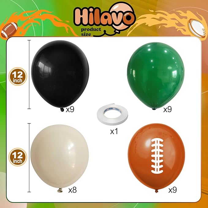 HILAVO Football Balloons, 12 Inch Dark Green Black White Sand with Brown Printed Sports Latex Balloon for Kids Boys Game Football Sport Themed Birthday Party Decor Baby Shower Decorations Supplies