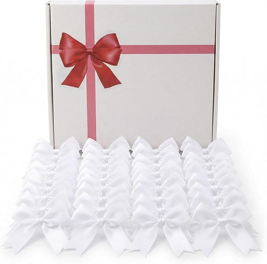 White Gift Wrap Bows – 50pcs 3.3 Inch Elegant Satin Bows for Gift Wrapping, Wedding Decor, Baby Shower, Party Decorations, Birthday, Easter, Christmas, Anniversary, DIY Crafts, Gift Bags