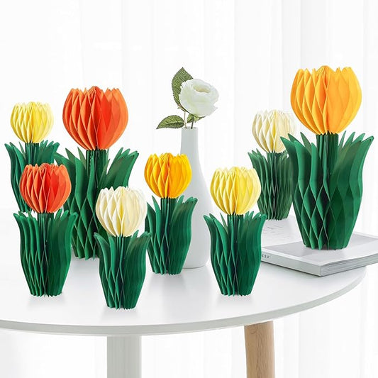 SUNBEAUTY 8PCS Flower Honeycomb Decoration Spring Decorations for Office Spring Table Decor Tulip Honeycomb Flower Mother's Day Decoration Orange Tulip Decor Spring Decor Tulips Table Centerpieces