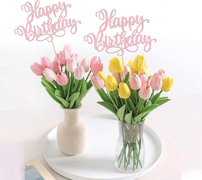 12 PCS Happy Birthday Centerpiece Sticks Double Sided Glitter Happy Birthday Table Flower Centerpieces Decorations for Celebrating Anniversary Theme Party Centerpieces Supplies Light Pink