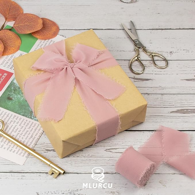 Dusty Rose Chiffon Ribbon 1-1/2 Inch x 21Yards Boho Frayed Mauve Ribbon Handmade Fringe Chiffon Silk Ribbon Dusty Pink Ribbon for Gift Wrapping, Wedding Invitation, Bridal Flower Bouquets