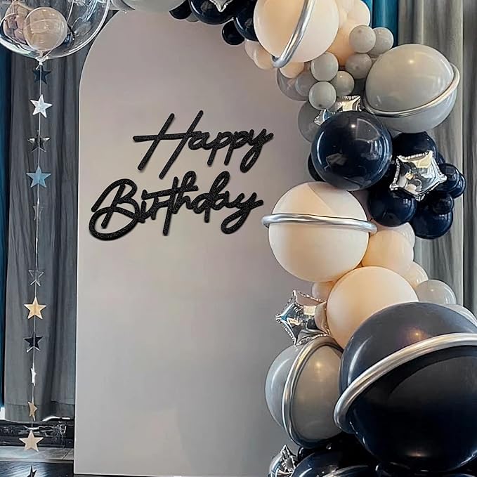 Black Happy Birthday Felt Sign for Backdrop - Glitter Black Happy Birthday Letters Signs Remove for Balloon Arch Party Large Happy Birthday Sings for Baby Girl Women Party Baby Shower Decorations