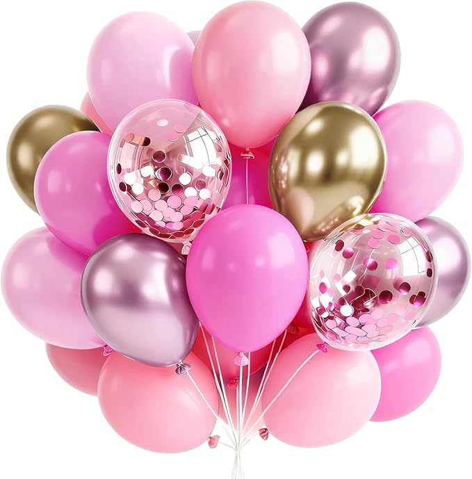 PartyWoo Pink and Gold Balloons 66pcs 12 Inch Metallic Gold Pearl Matte Hot Light Pastel Pink Confetti Balloons for Gender Reveal Baby Shower Bridal Shower Princess Birthday Party Decorations