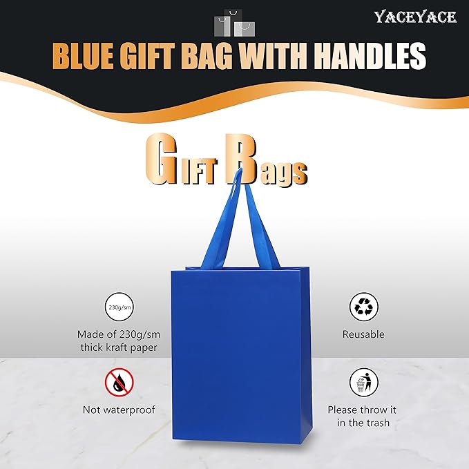 Blue Gift Bags, 10Pcs, 8x4.25x10.5 Inch, Medium Blue Paper Gift Bags with Ribbon Handles, Multi-purpose, Wedding, Birthday, Party, etc.