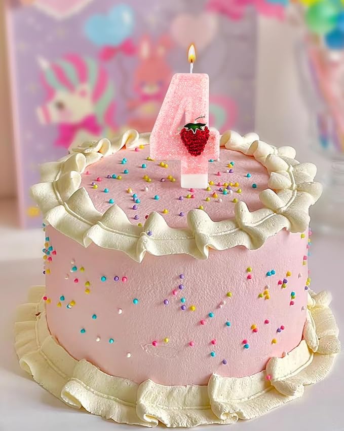 Birthday Candles for Cake, Pink Number Candles, Cake Candles with Greeting Card for Birthday Party Wedding Anniversary Celebrations (Strawberry 4 Candle)