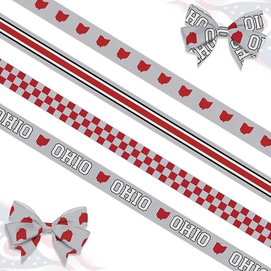 4 PCS Ohio State Ribbons for Crafting, 3/8" Width Red White Grosgrain Ribbons Buffalo Plaid Ribbon The Love of Ohio Craft Ribbons for Gift Wrapping DIY Sports Birthday Decorations-20 Yards