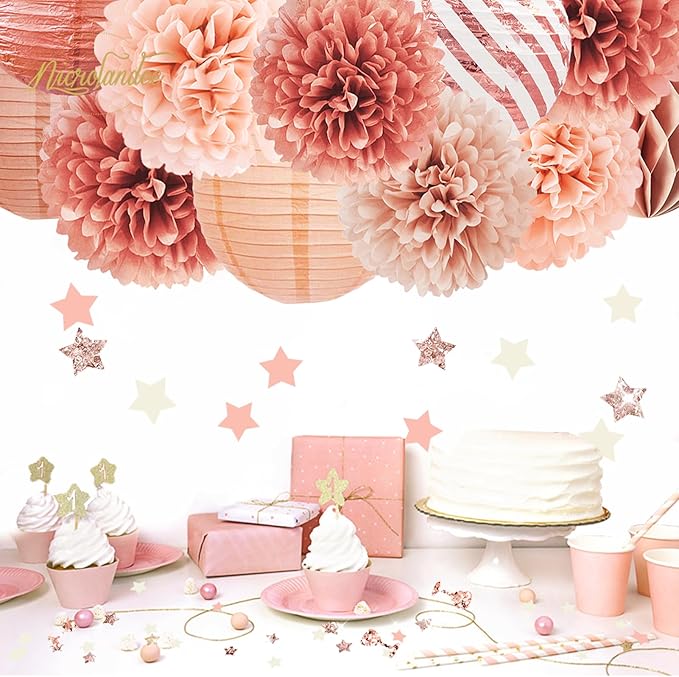 NICROLANDEE Rose Gold Party Decorations -12PCS Elegant Party Supplies Tissue Pom Poms Paper Lantern Glitter Confetti 30G for Valentines Wedding Bridal Shower Birthday Bachelorette Party Decorations