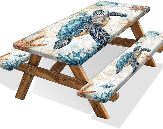 Picnic Table Cover with Bench Covers 6FT, Camping Essentials, Nautical Sea Turtle Ocean Windproof Waterproof Picnic Table Cloth, Fitted Tablecloth with Elastic Edge for Indoor Outdoor 3PCS 30x96 Inch