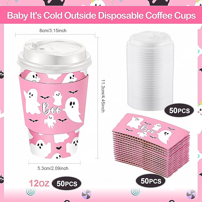 Pickmesh 50 Set 12oz Halloween Disposable Coffee Cups with Lids and Sleeves Straws, Ghost Boo Paper Cups for Cold Hot Cocoa Drink Halloween Party Supplies