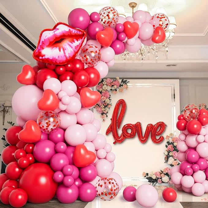 DBKL 138pcs Valentines Day balloon Garland Arch Kit, Pink Red Rose Pink Balloons with Love Lips Foil Balloons for Valentines Birthday Wedding Anniversary Party Decorations
