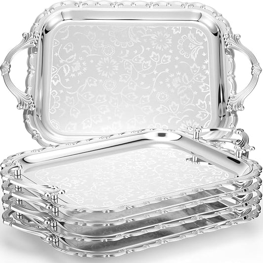 4 Pcs Silver Serving Tray with Handles Elegant Victoria Floral Engraved Metal Platters Large Decorative Trays for Buffet,Wedding Party, Jewelry Display, Service(Classic,Sliver)