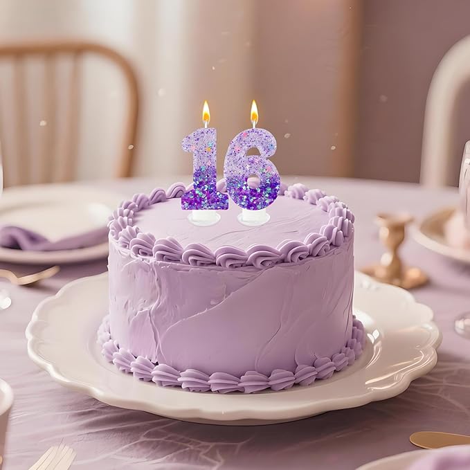 Purple Sequin Birthday Candles, Cake Number Candles, Girls 0th Birthday Decorations, Suitable for Birthday Parties, Anniversary Party Decorations(6)