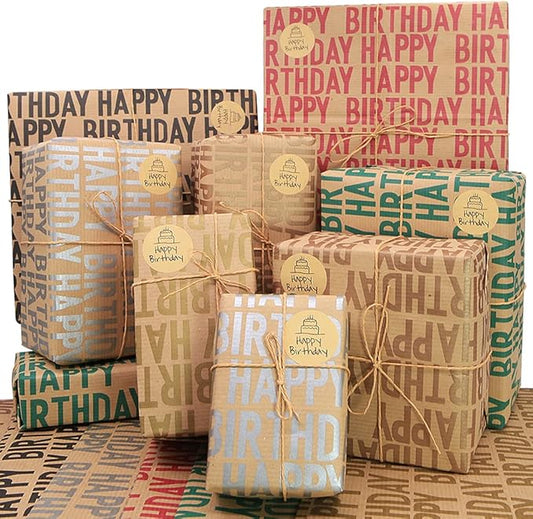 Happy Birthday Wrapping Paper For Boys Men Women Girls Kids,Recycled Gift Wrapping Paper, 20 x 28 inches per sheet (12 sheets: 47 sq. ft. ttl.) Brown Kraft Folded Paper with Jute Strings, Stickers and Bows for Birthday Occasions
