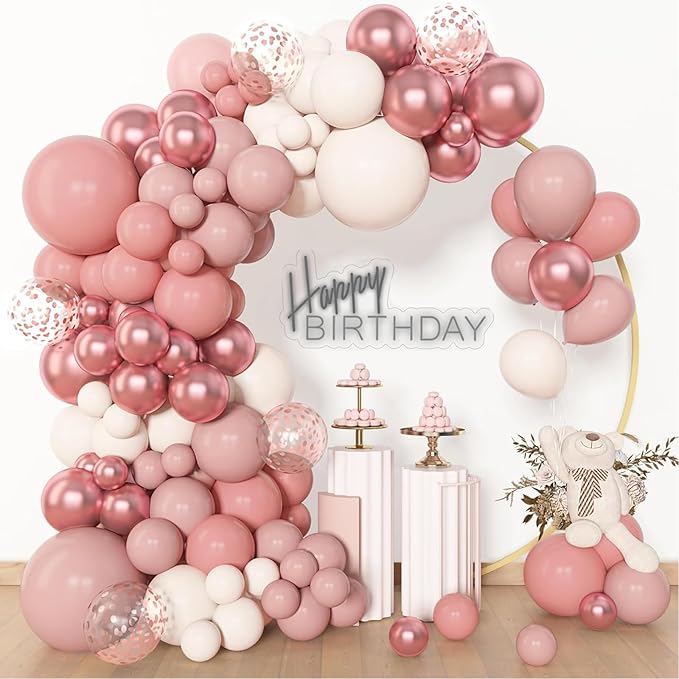 Archloon 156pcs Dusty Pink Balloon Garland Arch Kit, Different Sizes 18 12 10 5 inch Pink White Sand Metallic Confetti Pink Balloons for Girl Baby Shower Birthday Boho Party Decorations