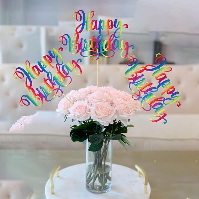12 PCS Happy Birthday Centerpieces Sticks Double Sided Glitter Birthday Party Decorations Anniversary Table Flower Centerpiece for Celebrating Birthday Party Centerpieces Supplies Colorful