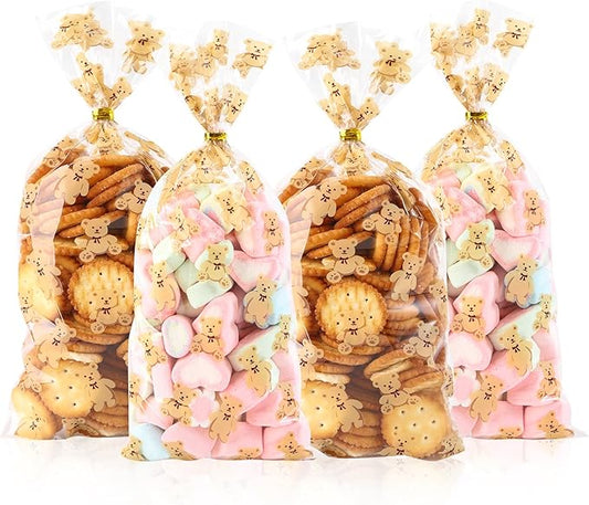 100 Pcs 5 x 11 Inch Clear Cellophane Treat Bags with 100 Gold Twist Ties, Bear Printed Food-Safe Plastic Bags for Gift Wrapping, Birthday, Wedding, Valentine's Day, Party, Classroom Gifts