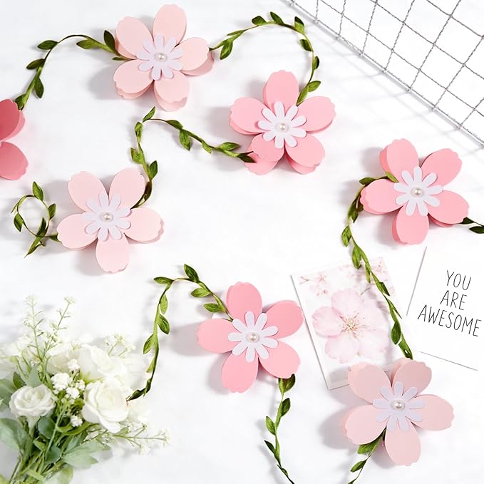 2PCS Cherry Blossom Flower Garland, Paper Cherry Flower Vines, Pink Flowers Garland for Home Wedding Garden Party Arch Office Decor