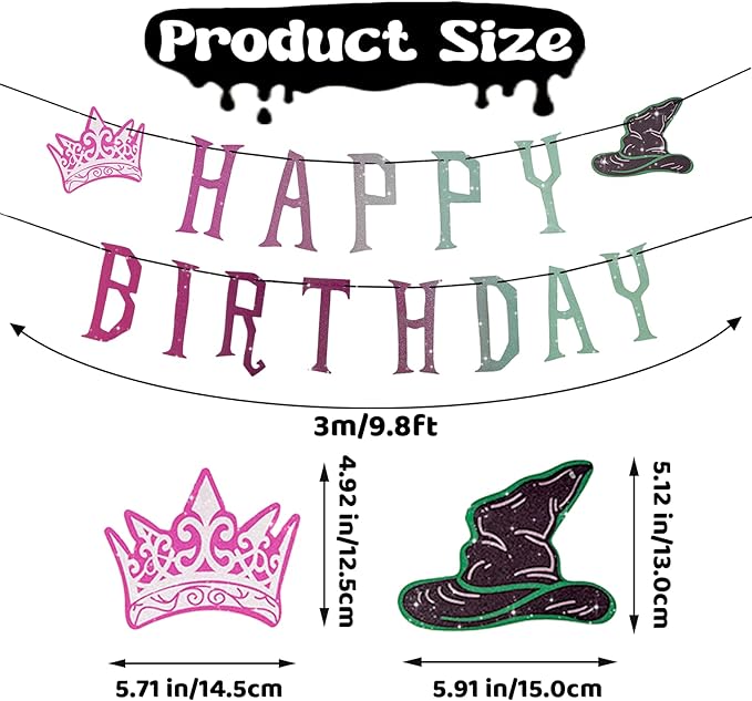 Witch Theme Happy Birthday Banner, Pre-Strung Glitter Wicked Birthday Party Banner, Gradient Pink And Green Party Decorations Witch For Wicked Party Decor Photo Backdrop Props Supplies