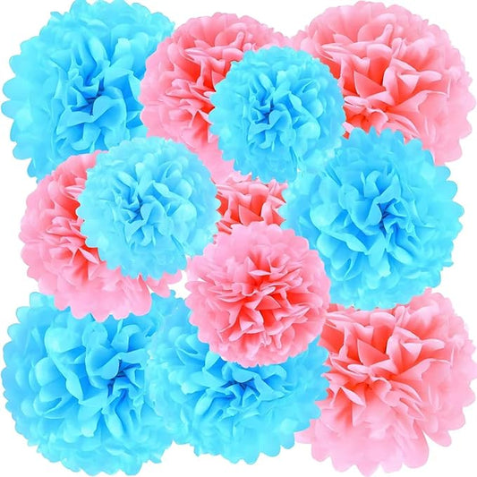 Pink and Blue Tissue Paper Pom Poms 12Pcs- Hanging Paper Flowers for Wedding Gender Reveal Birthday Graduations Christmas and Special Occasions(8 &10 & 12 inch) ﻿