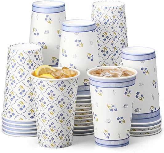 50 Pcs Coastal Wavy Floral Paper Cups Disposable 12 Ounces Cups for Bachelorette Beach Birthday Supplies Seaside Dinner Party Baby Shower Accessory Spring Tableware