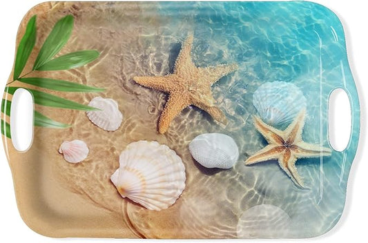 Serving Tray Decorative Tray with Handles Multi-Purpose Rectangular Serving Trays for Restaurant, Parties, Coffee Table, Kitchen - Starfish Beach