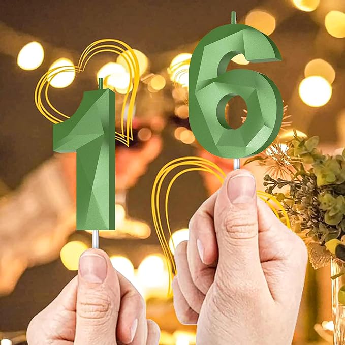 Number Birthday Candles(2 Candle Green) 3D Diamond Shape Number Happy Birthday Cake Candles for Birthday Party Wedding Decoration Reunions Theme Party