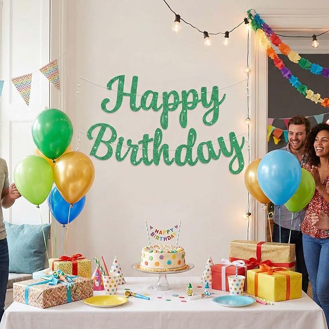 Glitter Happy Birthday Banner and Sign, Reusable Birthday Party Garland Wall Backdrop Banners, DIY Party Supplies Hanging Decorations for All Celebrations (Green)