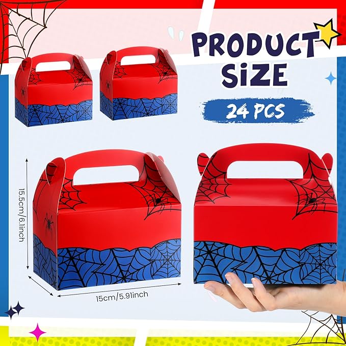 Marspark 24 Pack Spider Web Cartoon Birthday Party Supplies, Paper Gift Boxes, Cartoon Candy Treat Boxes for Birthday Party Decorations(Spider Pattern)