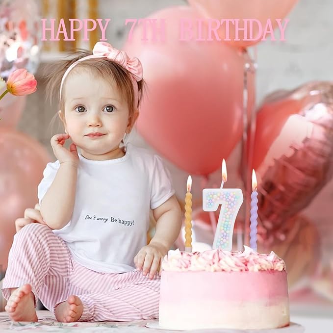 Number 7 Birthday Candles for Cake with 18 Pieces Spiral Candles with Macaron Pastel Rainbow Pink Cake Toppers for Girls Happy Birthday Party Decorations