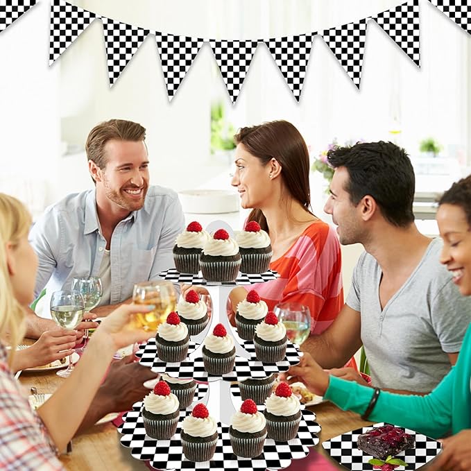 Racing Cupcake Stand 2-Pack - 3-Tier Black White Checkered Dessert Tower for Car Birthday Party, Race Theme Decorations, Baby Shower, Graduation Party, Easy 60s Assembly