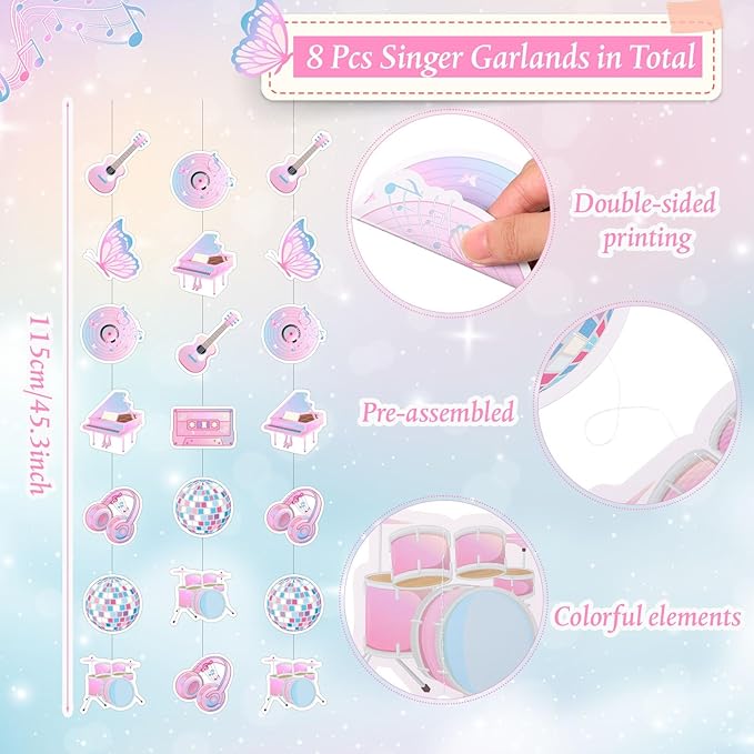 Daifunli 8 Pcs Music Party Decorations Popular Singer Birthday Hanging Garlands Banner Iridescent Holographic Disco Guitar Piano Butterfly Paper Cutouts Streamer for Girls Music Lover Supplies