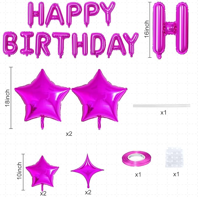Happy Birthday Balloon Banner Hot Pink, 16 Inch Mylar Foil Letter Balloons, Reusable Birthday Decorations with Rose Red Hot Pink Star Foil Balloons, Inflatable Party Supplies for Women Girls Decor